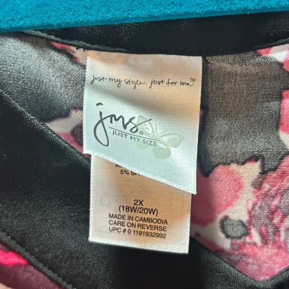 Just My Size 2X Floral Dress Pink Black V-Neck Stretch Knee Length Plus 18W 20W - Picture 2 of 5